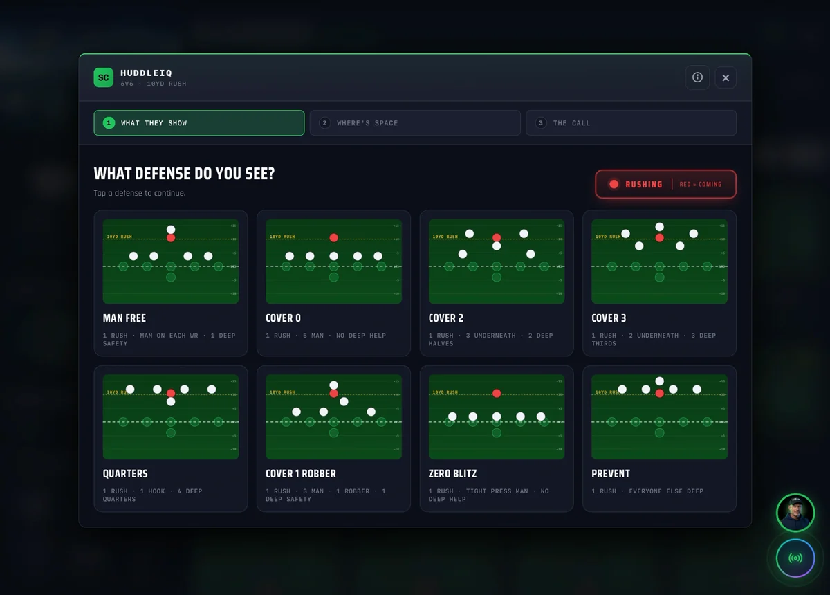 HuddleIQ in development — step one asks what defense you see, with eight coverage cards: Man Free, Cover 0, Cover 2, Cover 3, Quarters, Cover 1 Robber, Zero Blitz and Prevent.
