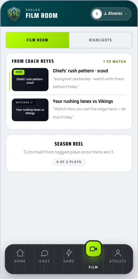 The Classroom design: the coach's assignments with what each athlete has watched, and the season reel.